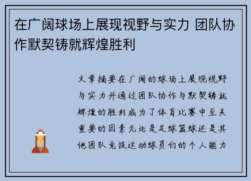 在广阔球场上展现视野与实力 团队协作默契铸就辉煌胜利