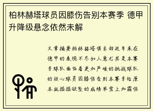柏林赫塔球员因膝伤告别本赛季 德甲升降级悬念依然未解