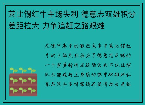 莱比锡红牛主场失利 德意志双雄积分差距拉大 力争追赶之路艰难
