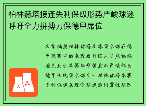 柏林赫塔接连失利保级形势严峻球迷呼吁全力拼搏力保德甲席位