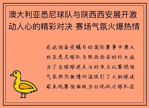 澳大利亚悉尼球队与陕西西安展开激动人心的精彩对决 赛场气氛火爆热情四溢