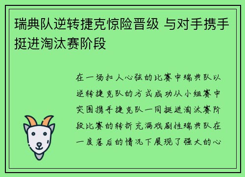 瑞典队逆转捷克惊险晋级 与对手携手挺进淘汰赛阶段