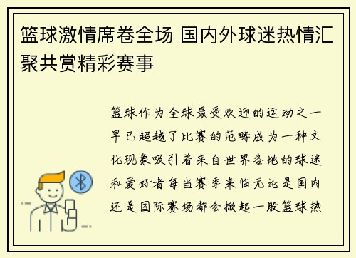 篮球激情席卷全场 国内外球迷热情汇聚共赏精彩赛事