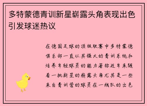 多特蒙德青训新星崭露头角表现出色引发球迷热议