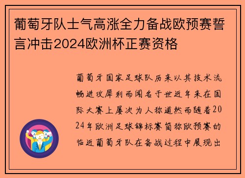 葡萄牙队士气高涨全力备战欧预赛誓言冲击2024欧洲杯正赛资格