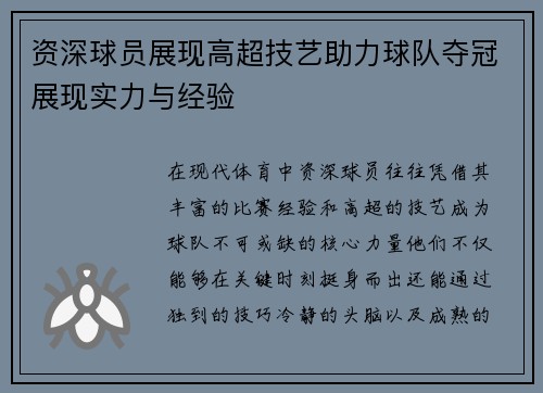 资深球员展现高超技艺助力球队夺冠展现实力与经验